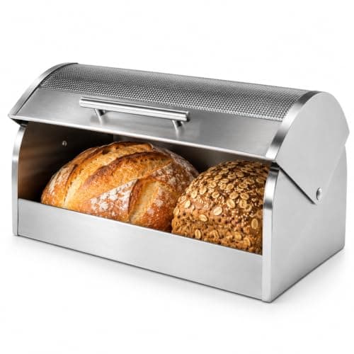 Oggi Stainless Steel Roll Top Bread Box for Kitchen Countertop with Tempered Glass Lid - Fits Multiple Large Loaves of Bread and Other Freshly Baked Goods Including Cookies, Bagels, Muffins