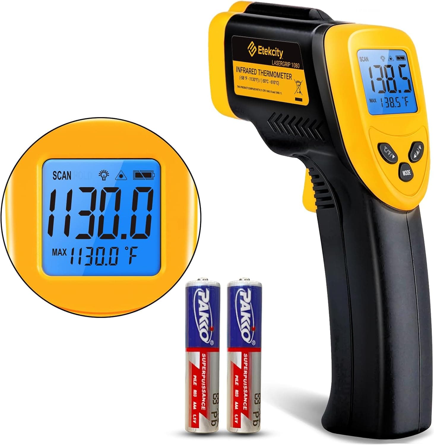 Etekcity Infrared Thermometer Laser Temperature Gun 1080, -58F~1130F, Cooking Pizza Oven BBQ Meat, Adjustable Emissivity