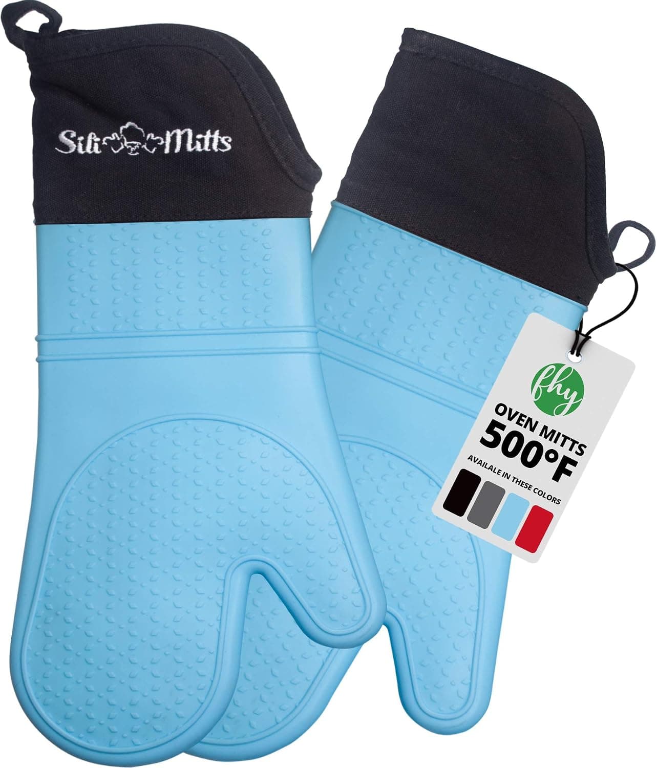 Frux Silicone Oven Mitts Heat Resistant 500 Degrees, 2 Extra Long Pot Holders, Blue