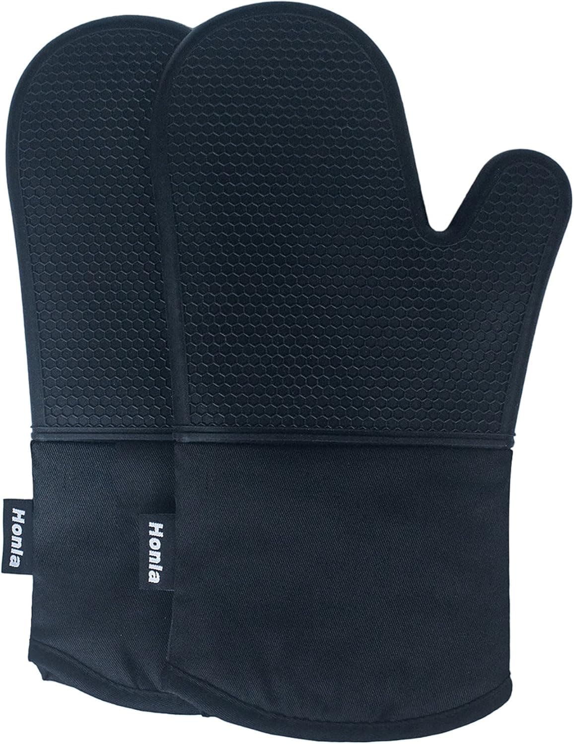 Honla Silicone Oven Mitts, Heat Resistant to 500 F, 1 Pair Non Slip Kitchen Oven Gloves, Black