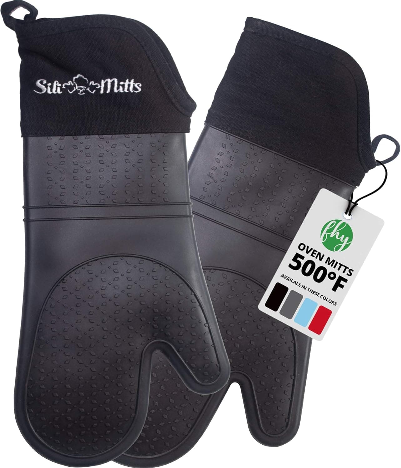 Frux Silicone Oven Mitts Heat Resistant 500 Degrees, 2 Extra Long Pot Holders, Black