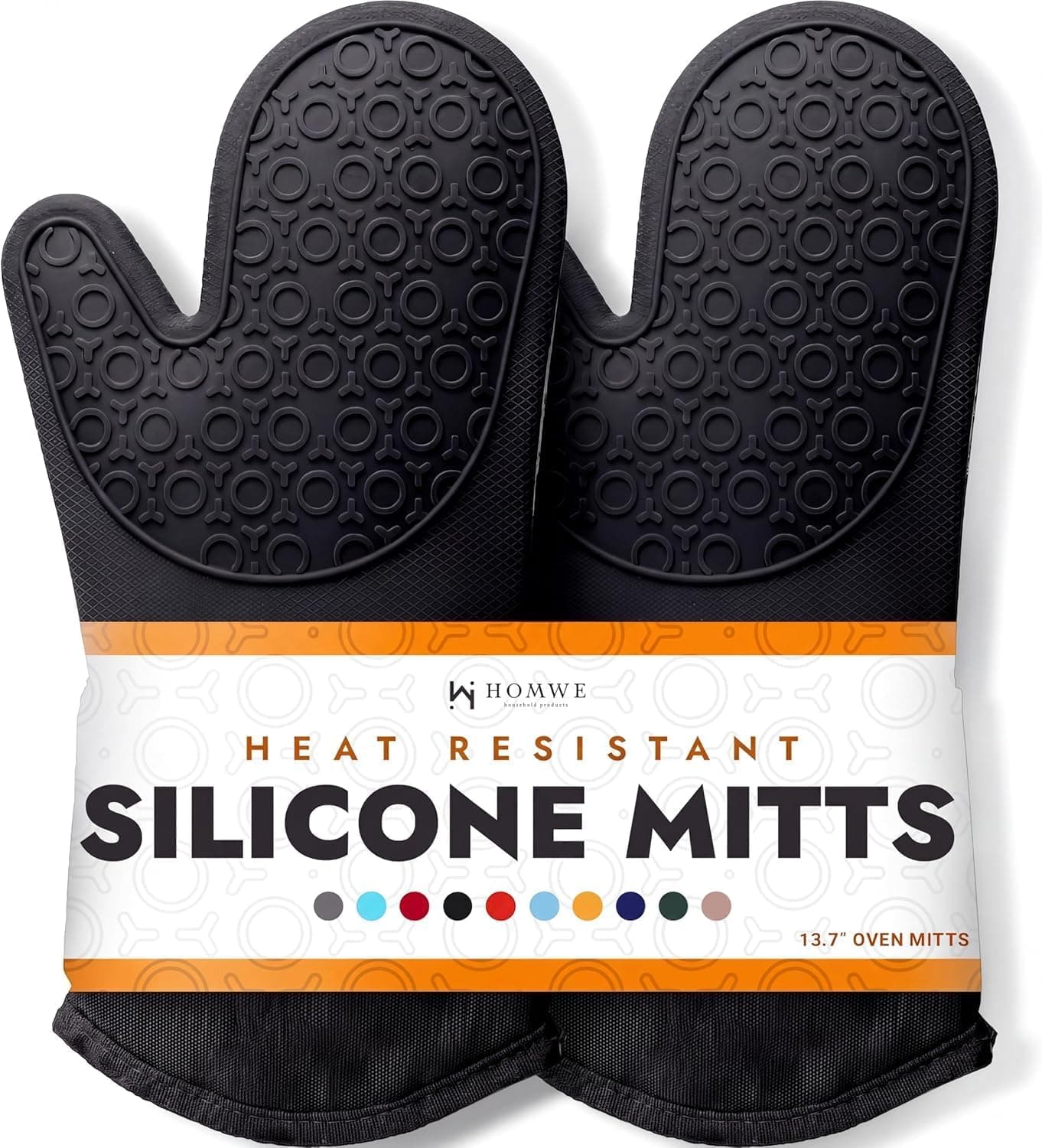 BPA-Free Silicone Oven Mitts Ultra Heat Resistant up to 500F with Thick Cotton Liner, Black 13.7"