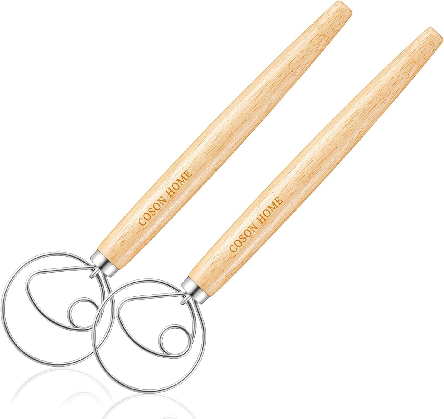 2 Pack Danish Dough Whisk Hook, 13.5 Inches Wooden Handle Stainless Steel Loop