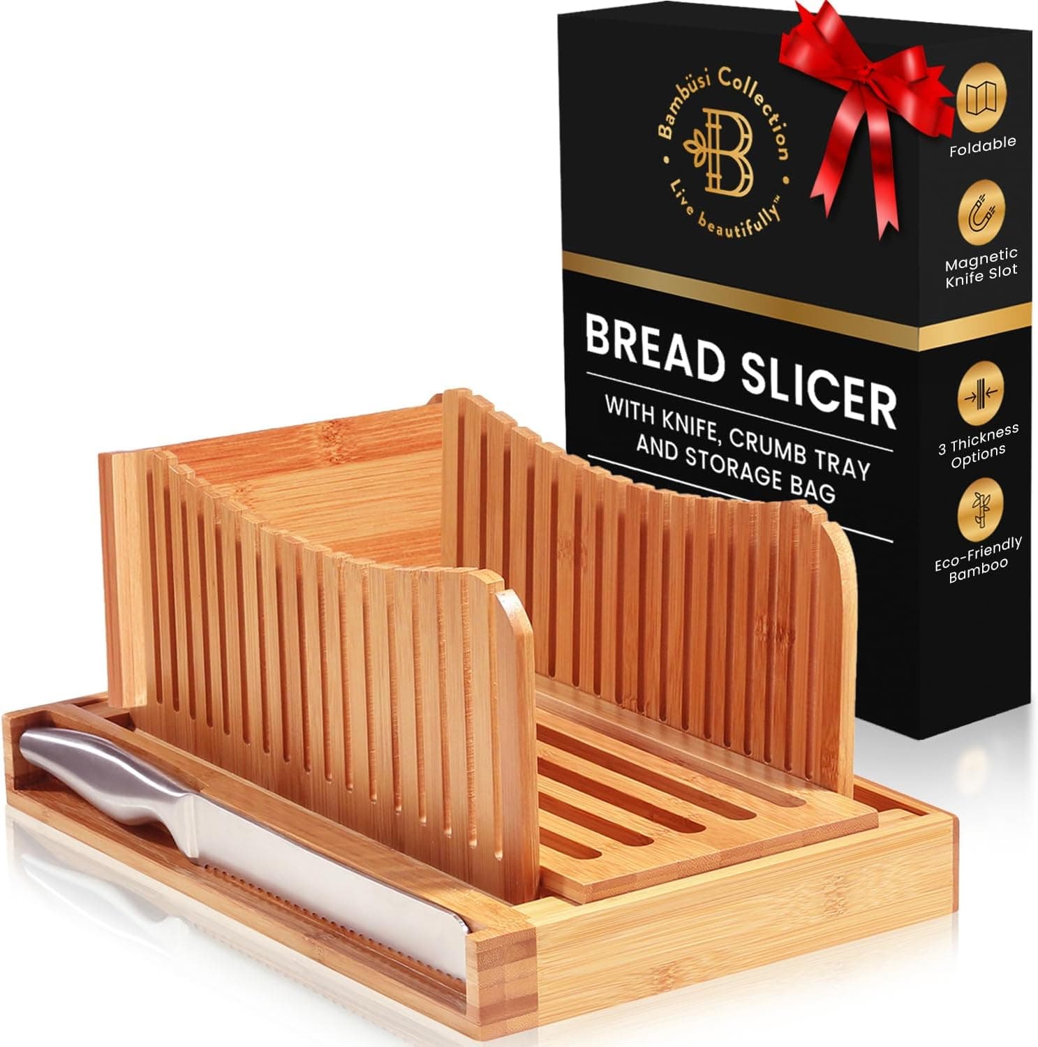 Bamboo Bread Slicer for Homemade Bread with Knife, Foldable Slicing Guide with 3 Adjustable Thickness and Crumb Tray