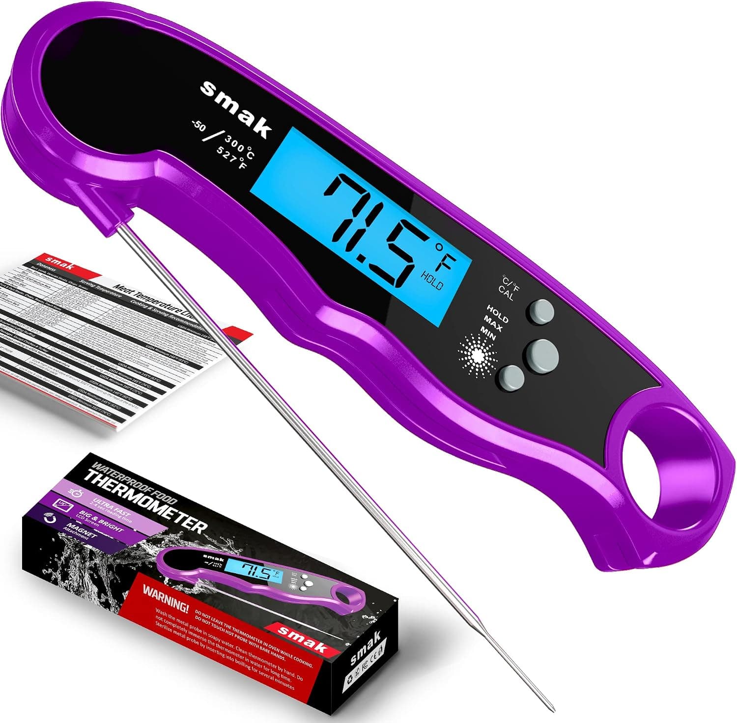 Digital Instant Read Meat Thermometer, Waterproof with Backlight LCD, Plum
