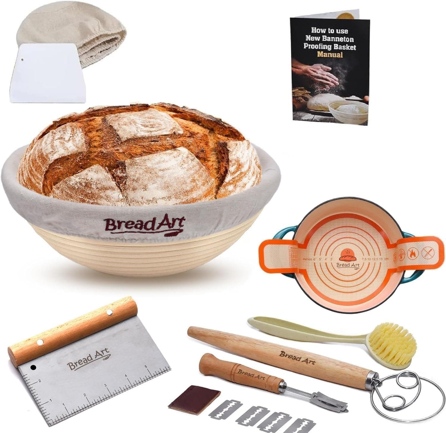 Banneton Bread Proofing Basket Set, 9 Inch Round with Silicone Bread Sling, Dough Scrapers, Bread Lame, Dough Whisk and Cleaning Brush