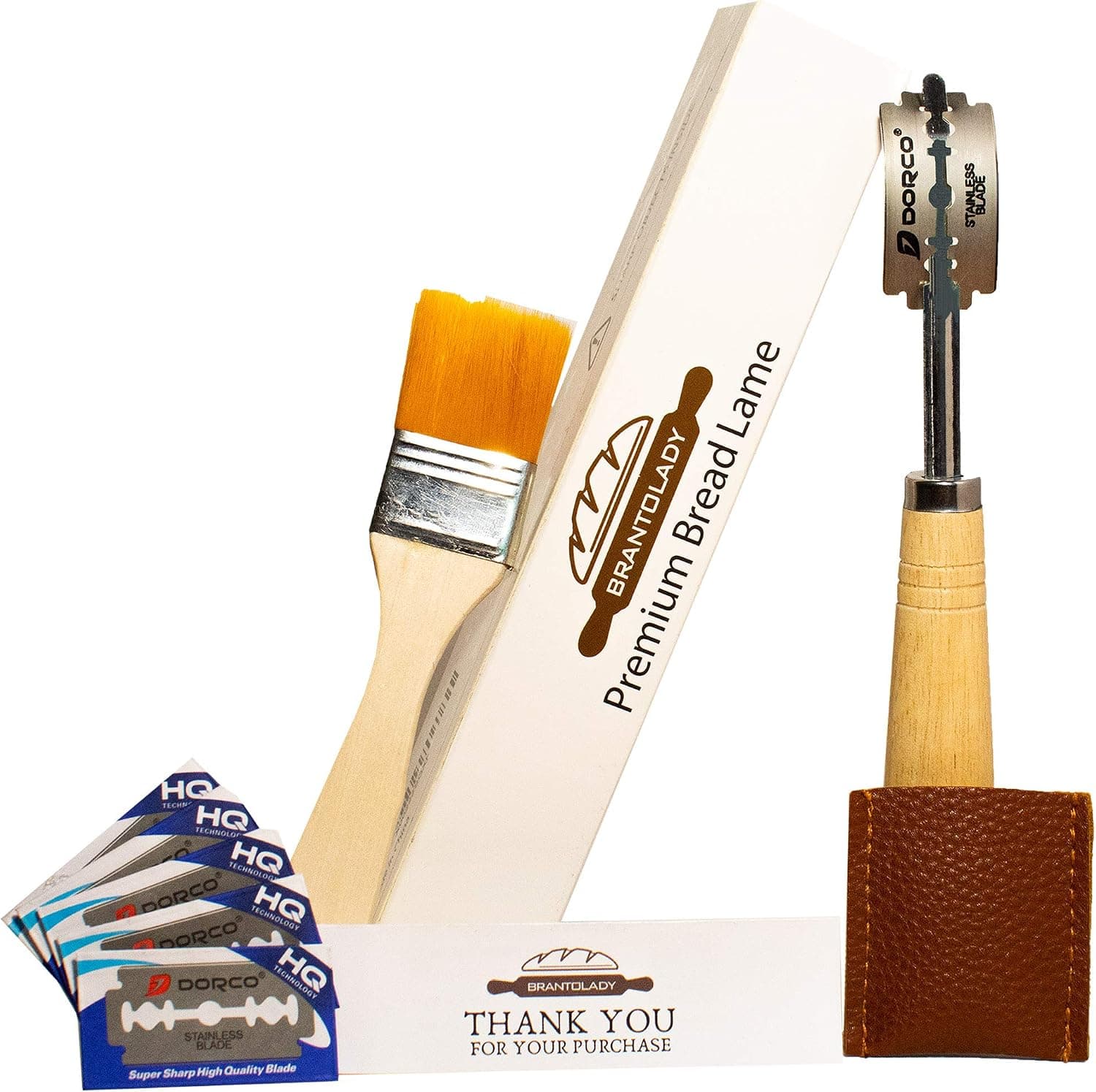 Bread Lame Scoring Tool Set - Premium Pack Stainless Steel Dough Scoring 5 Blades Included with Authentic Leather Protective Cover Kitchen Pastry and Basting Food Brush