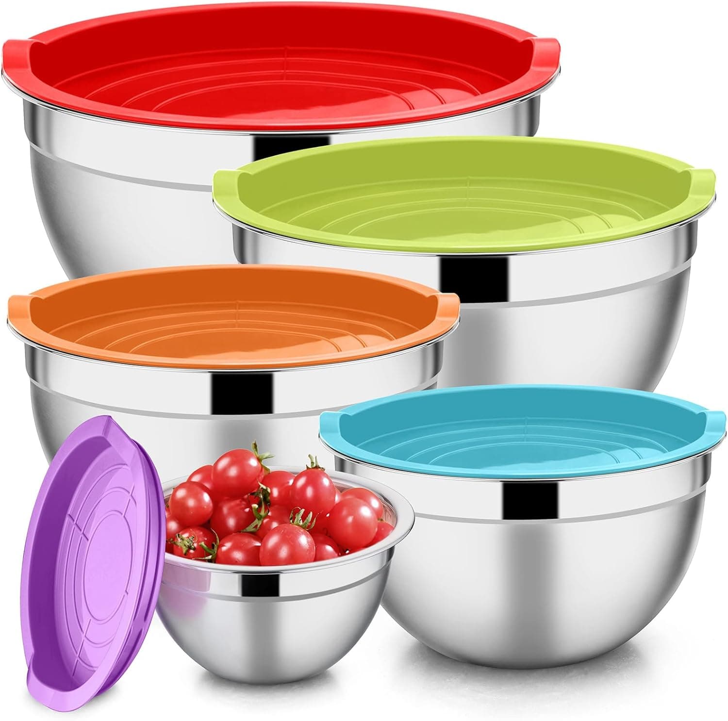E-far Mixing Bowls with Lids Set of 5, Stainless Steel Nesting Bowls