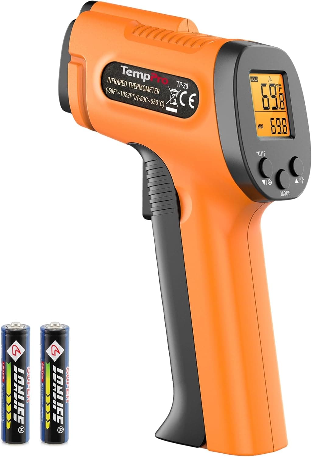 TempPro TempScan (ThermoPro TP30) Infrared Thermometer Gun for Pizza Oven Griddle HVAC, Adjustable Emissivity, -58~1022F