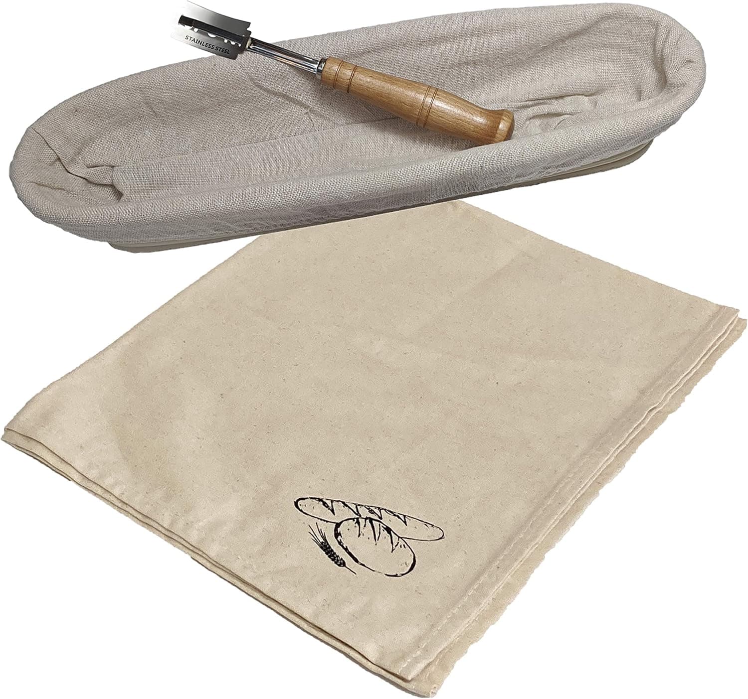 Oblong Bread Proofing Banneton Basket Includes Linen Liner and Bread Lame with Replacement Blades for Breads with a Spiral Pattern