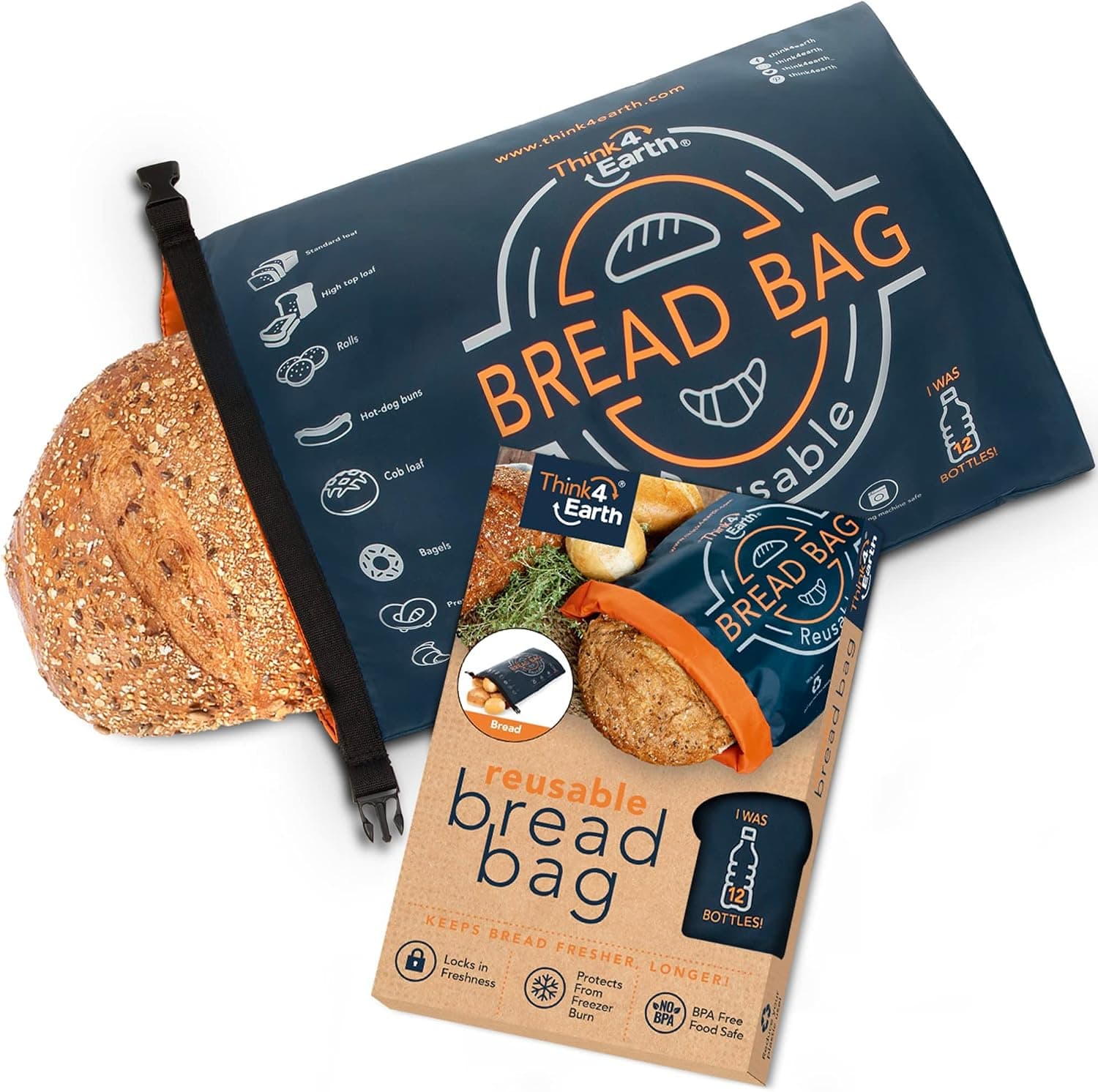 Think4Earth Bread Bag Reusable Freezer Bag for Homemade Bread, Container for Sourdough Loaf Storage with Double Lining