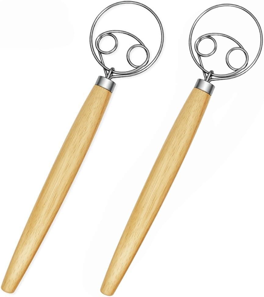 2 Pack Danish Dough Whisk 13 inch Stainless Steel Wooden Handle Bread Hand Mixer