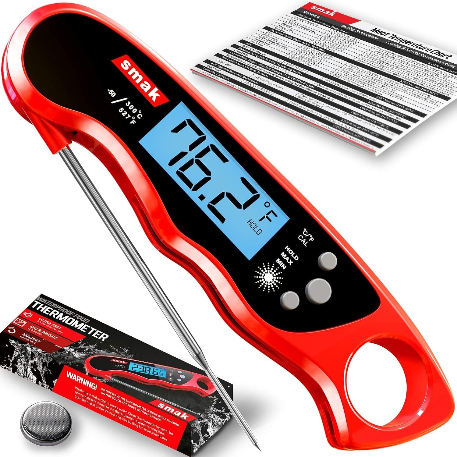 Smak Digital Instant Read Meat Thermometer, Waterproof with Backlight LCD