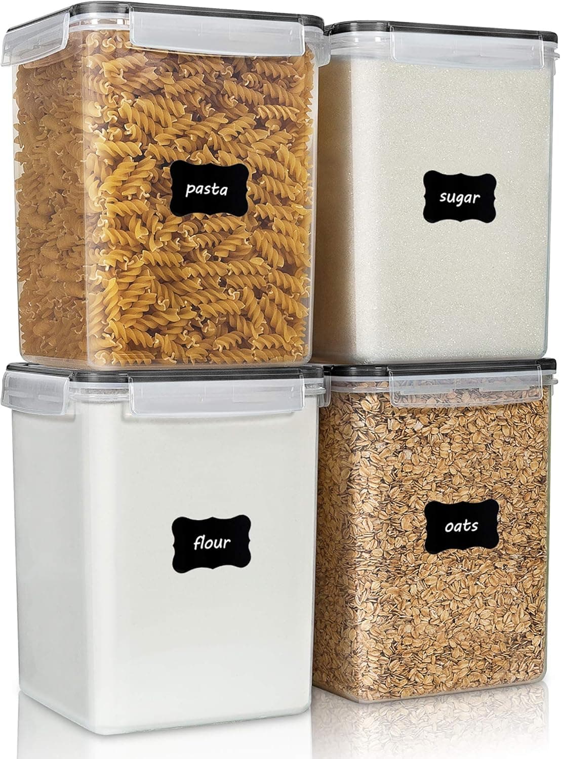 Vtopmart 5.2L Flour Sugar Storage Containers, 4 PCS, Airtight Seal, BPA Free, Black