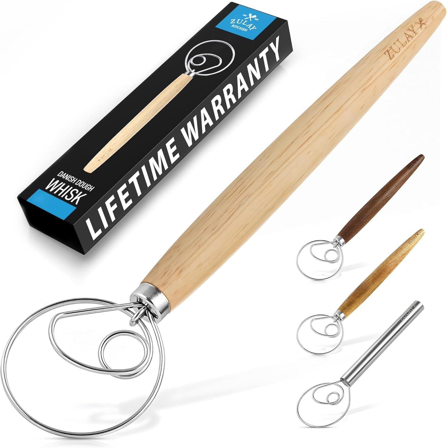 Zulay Kitchen 13 Inch Danish Dough Whisk, Stainless Steel Wooden Whisk with Dough Hook