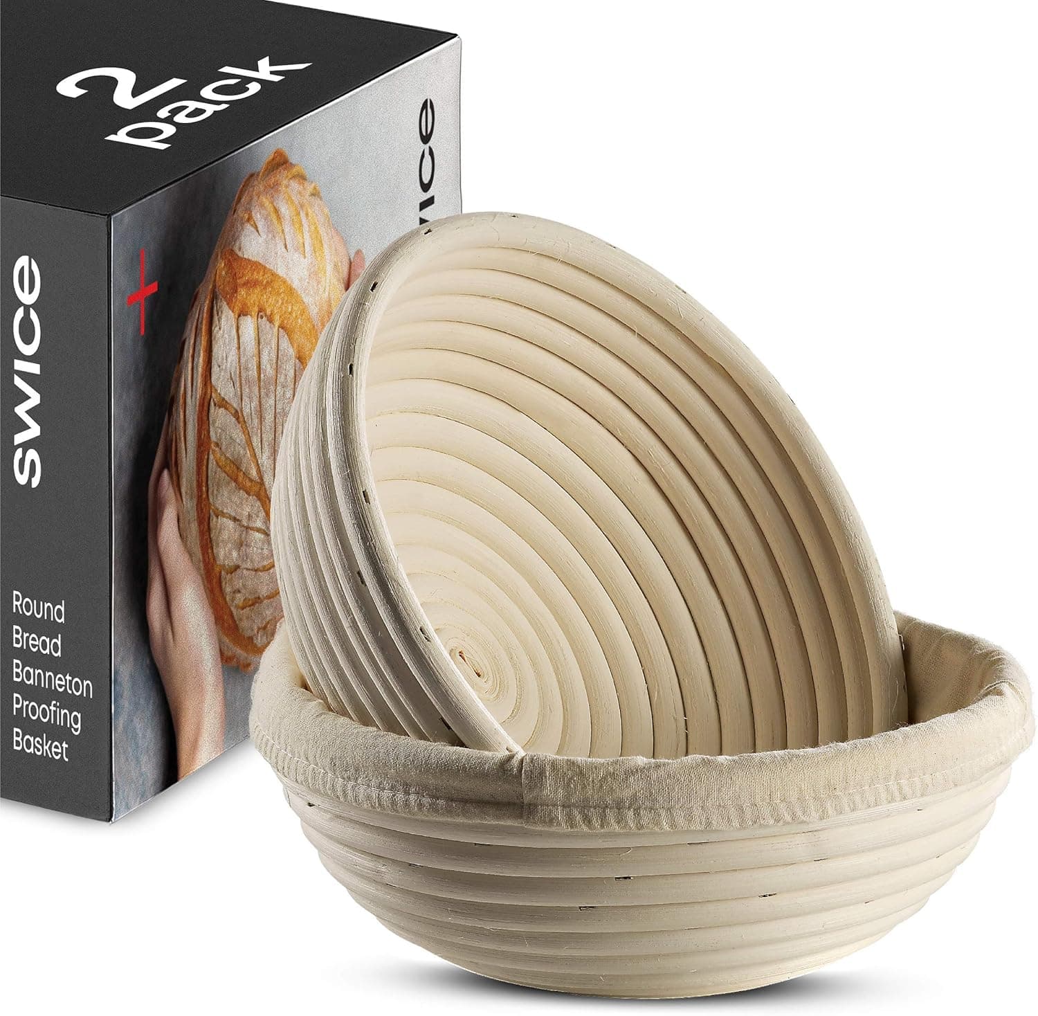 Banneton Bread Proofing Basket, Set of 2 Round 9 Inch Handmade Rattan Baskets and Liners for Sourdough