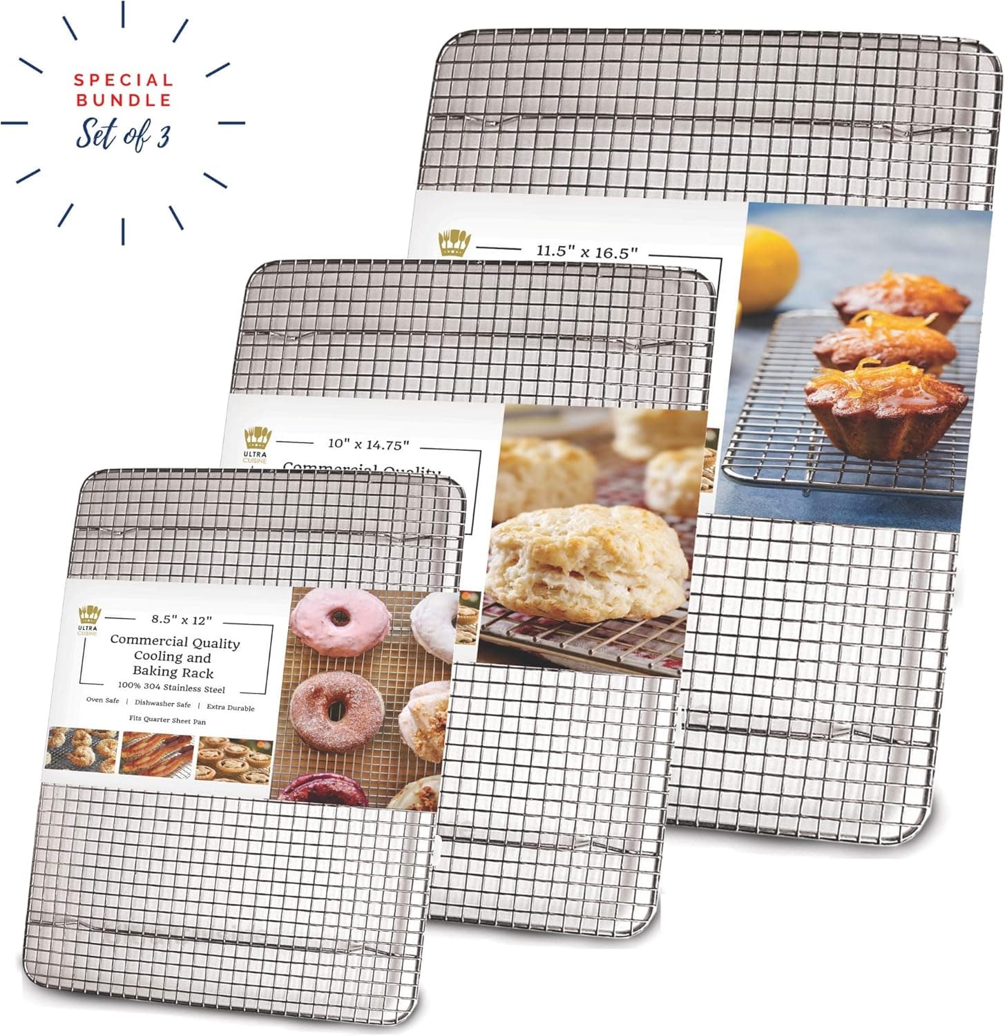 Stainless Steel Wire Cooling Rack for Baking, 3 Pack for Half Sheet, Jelly Roll and Quarter Sheet Pans