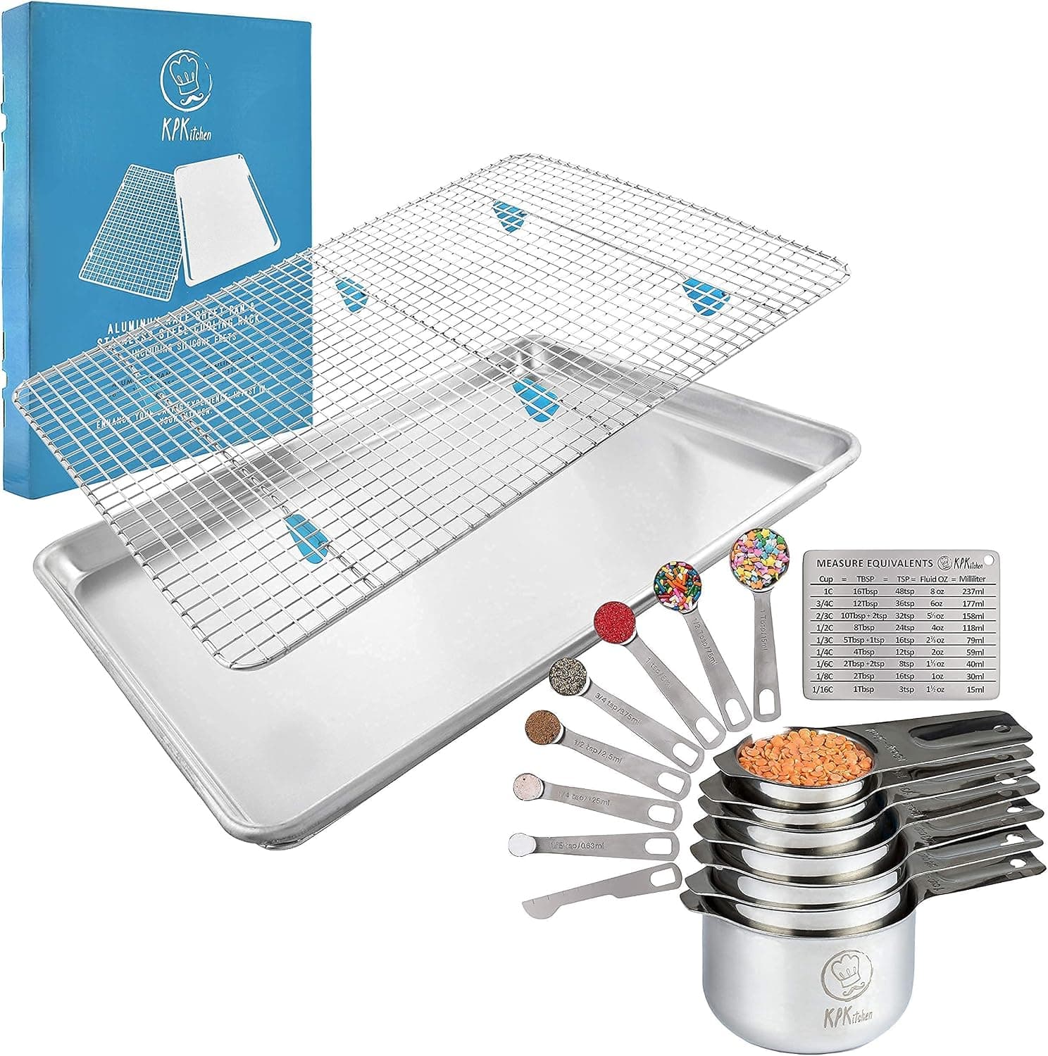 KPKitchen Stainless Steel Measuring Cups and Spoons Set of 14 with Baking Sheet and Rack