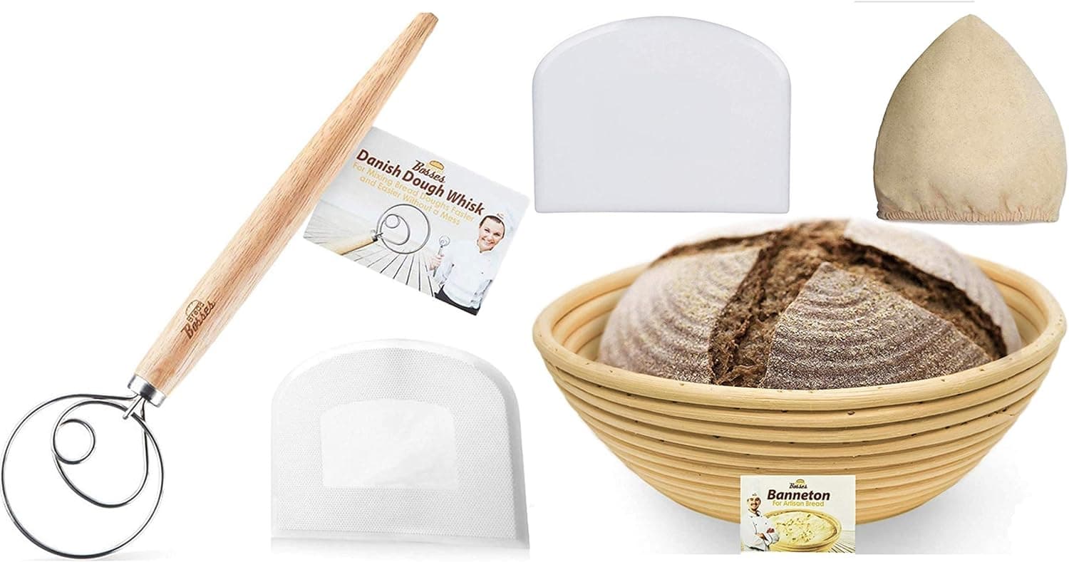 Bread Bosses Danish Dough Whisk Bread Mixer and 9 Inch Banneton Proofing Basket