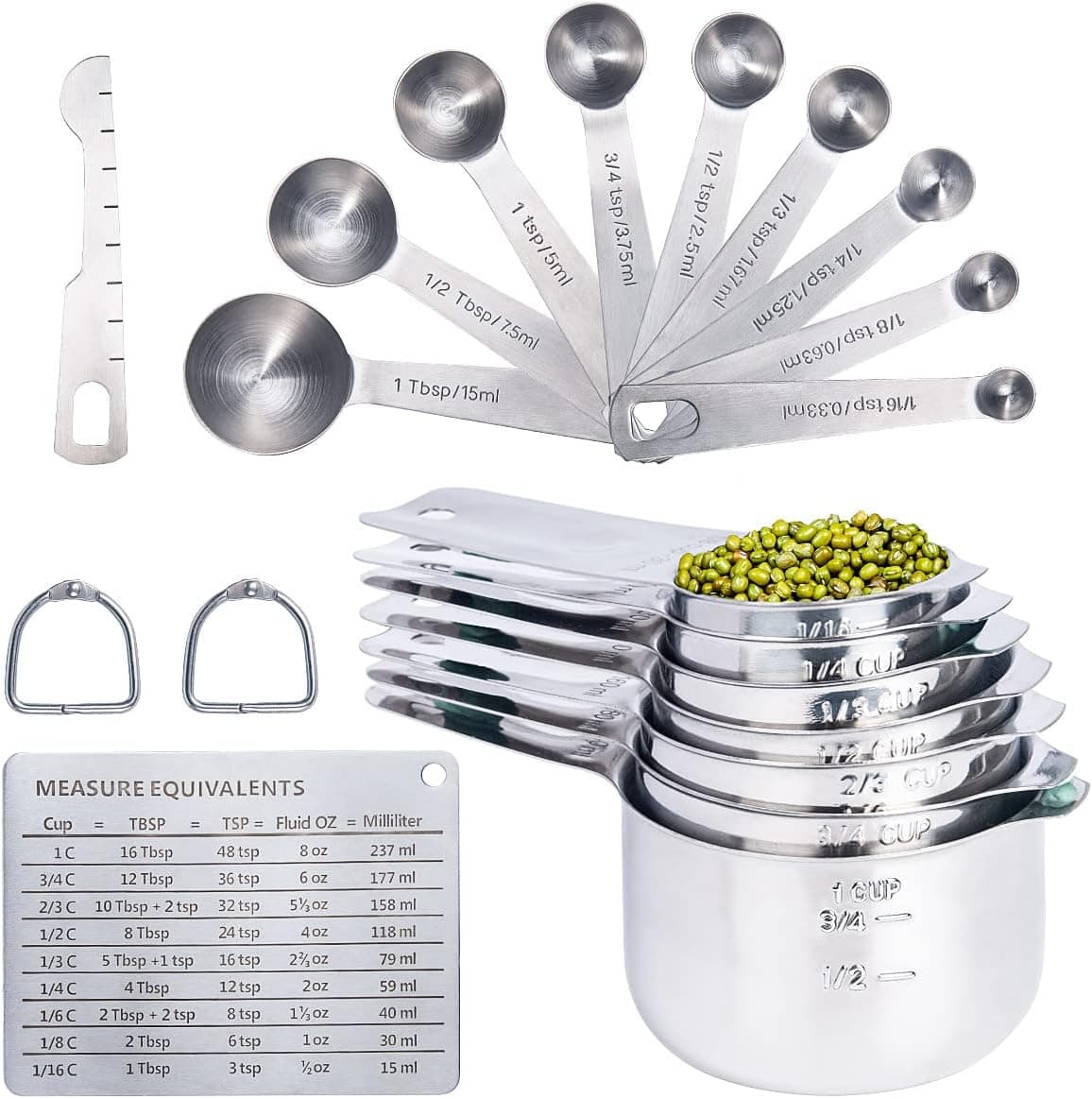 DUNCHATY 20 PCS Measuring Cups and Spoons Set, Stainless Steel with Level and Magnetic Chart