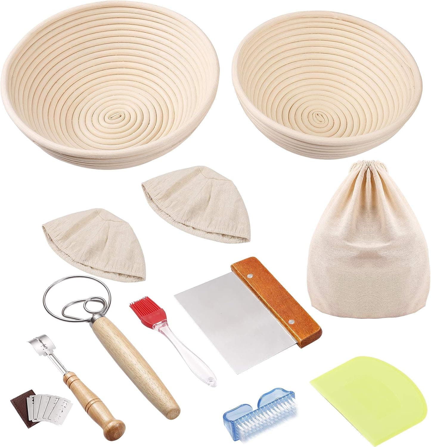 Round Bread Proofing Basket Set of 2, 8 Inch and 9 Inch Natural Rattan Banneton Sourdough Baking Bowls with Multi Baking Tools