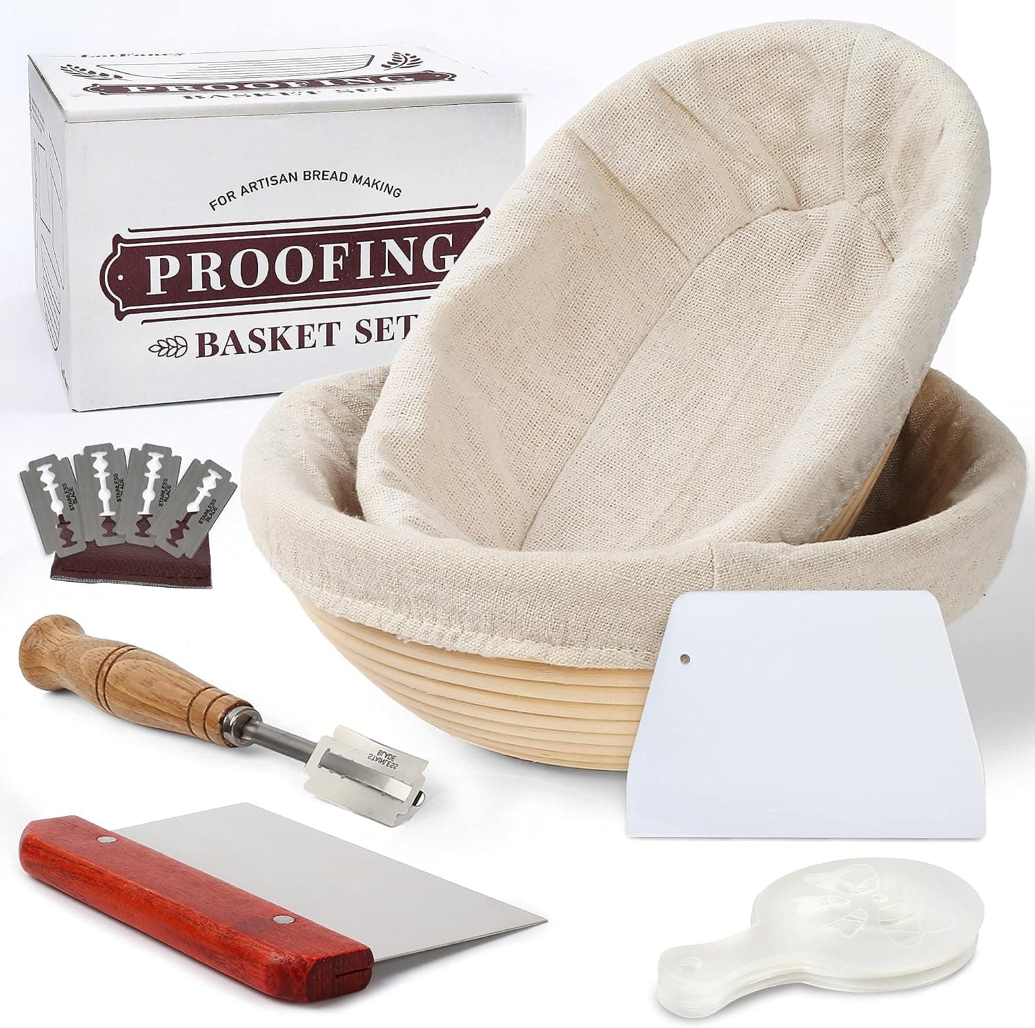 LotFancy Banneton Proofing Basket Set of 2, 9 Inch Round and 10 Inch Oval Proofing Bowls, Natural Rattan, Includes Bread Lame, Dough Scraper and Linen Liner