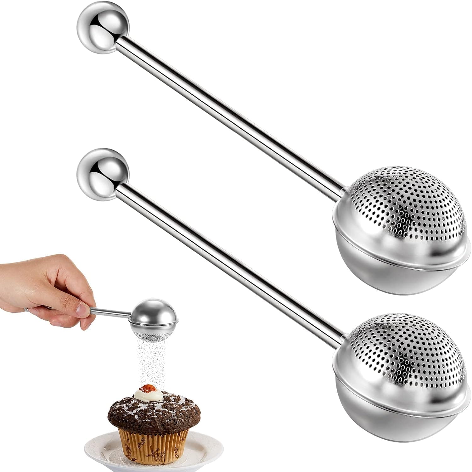 Powdered Sugar Shaker Duster Flour Dispenser with Spring-operated Handle, Stainless Steel (2 Pack)