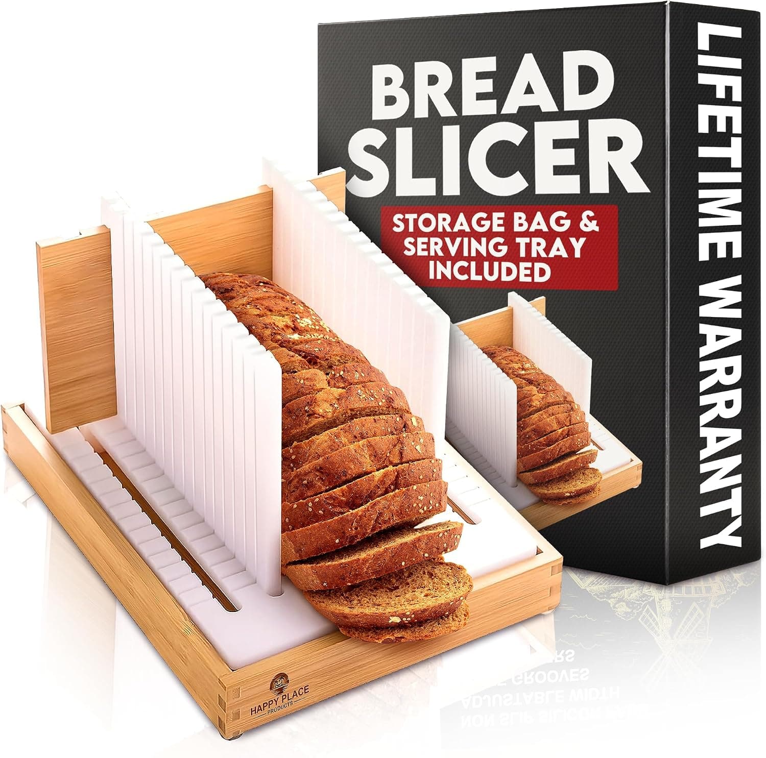 Happy Place Products Adjustable Bread Slicer for Homemade Bread Loaves Bagels with Crumb Tray, HDPE