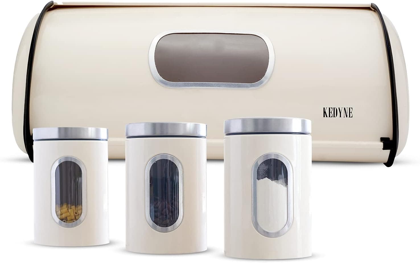 Stainless Steel Bread Box For Kitchen Countertop with Easy-Open Lid, Clear Glass Window and 3 Kitchen Canisters