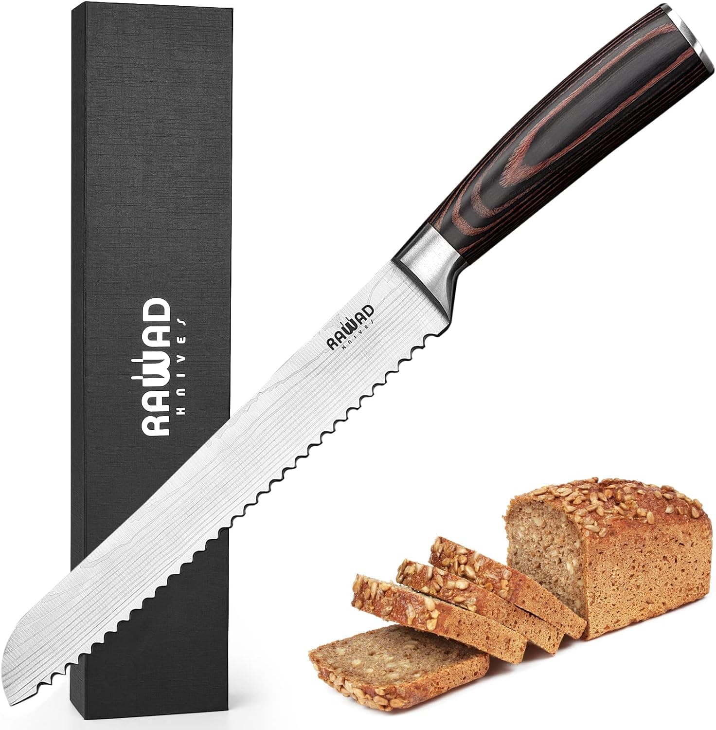 Rawad Serrated Bread Knife, Professional Stainless Steel 8 Inch Sharp Bread Slicing Knife