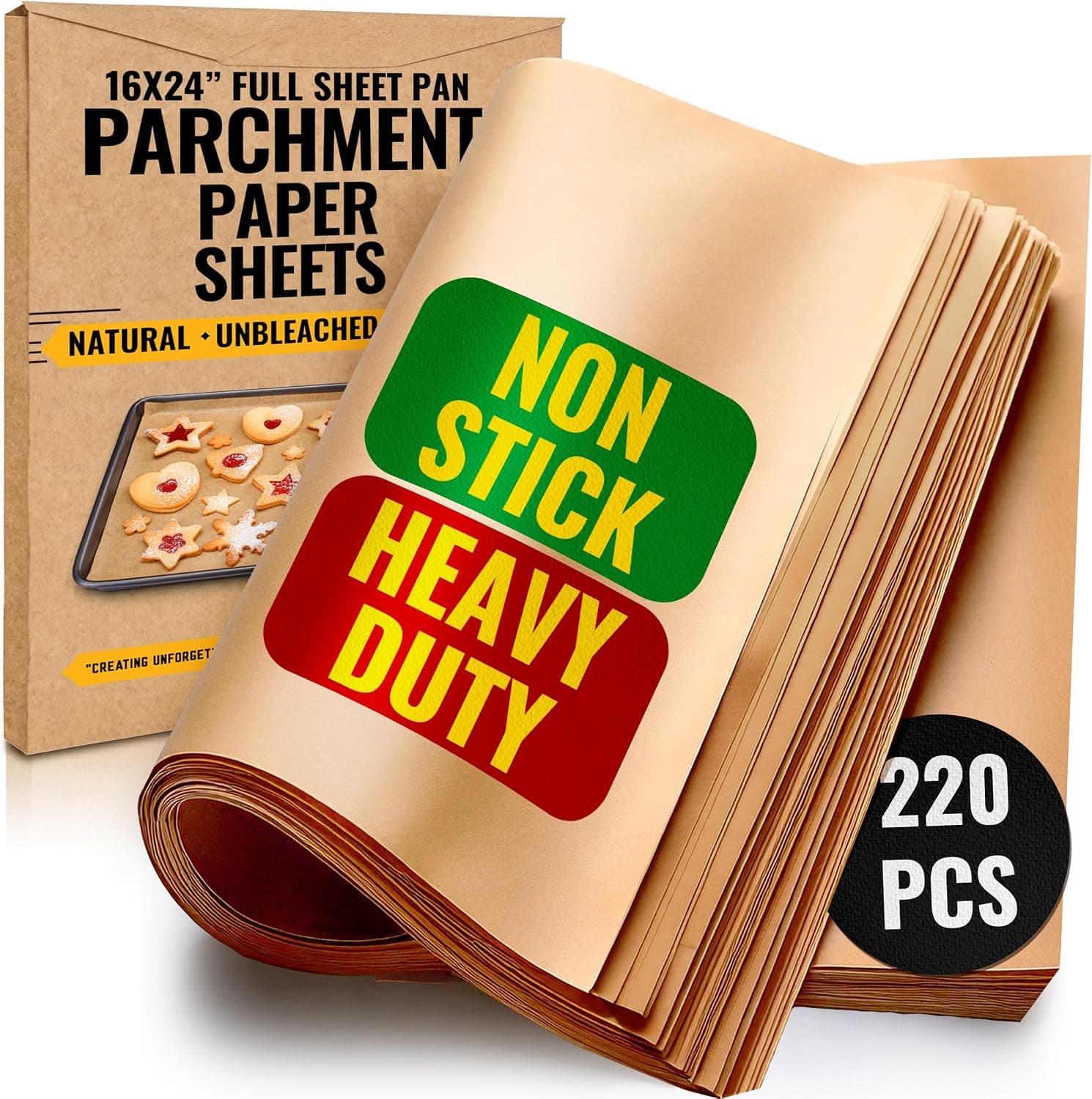 Baker's Signature Full Sheet Pan 16x24 in Parchment Paper, 220 Sheets, Precut Silicone Coated & Unbleached
