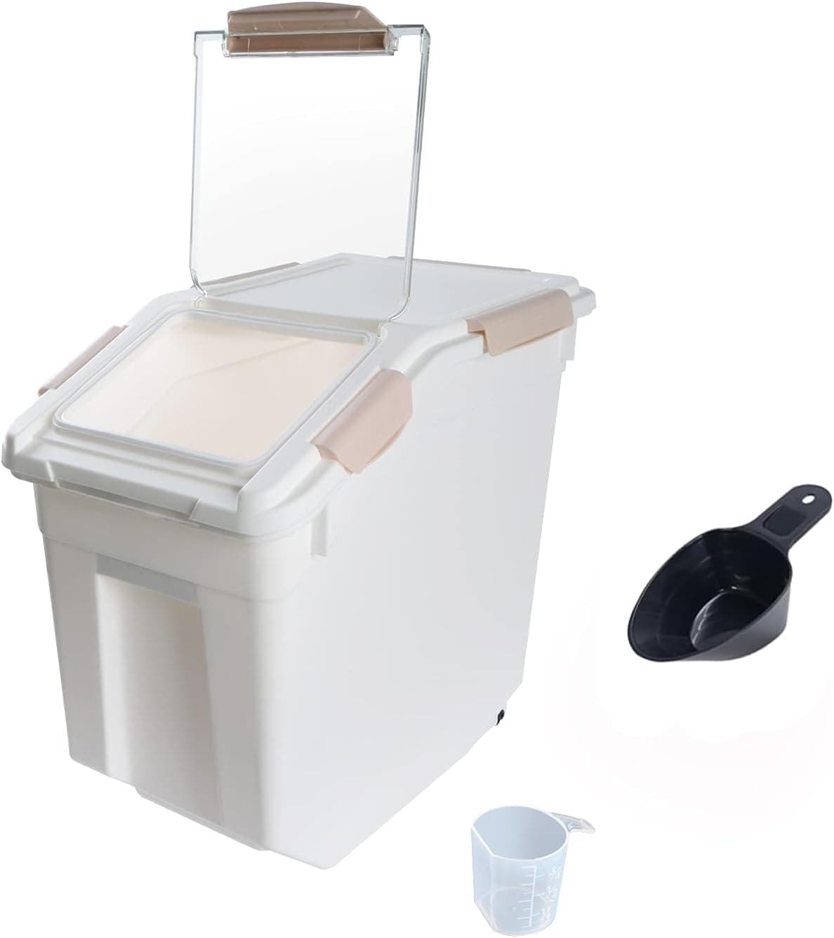 Qiveno Airtight Flour Storage Container 25 lb with Wheels, Seal Locking Lid, Measuring Cup & Scoop (Pink)