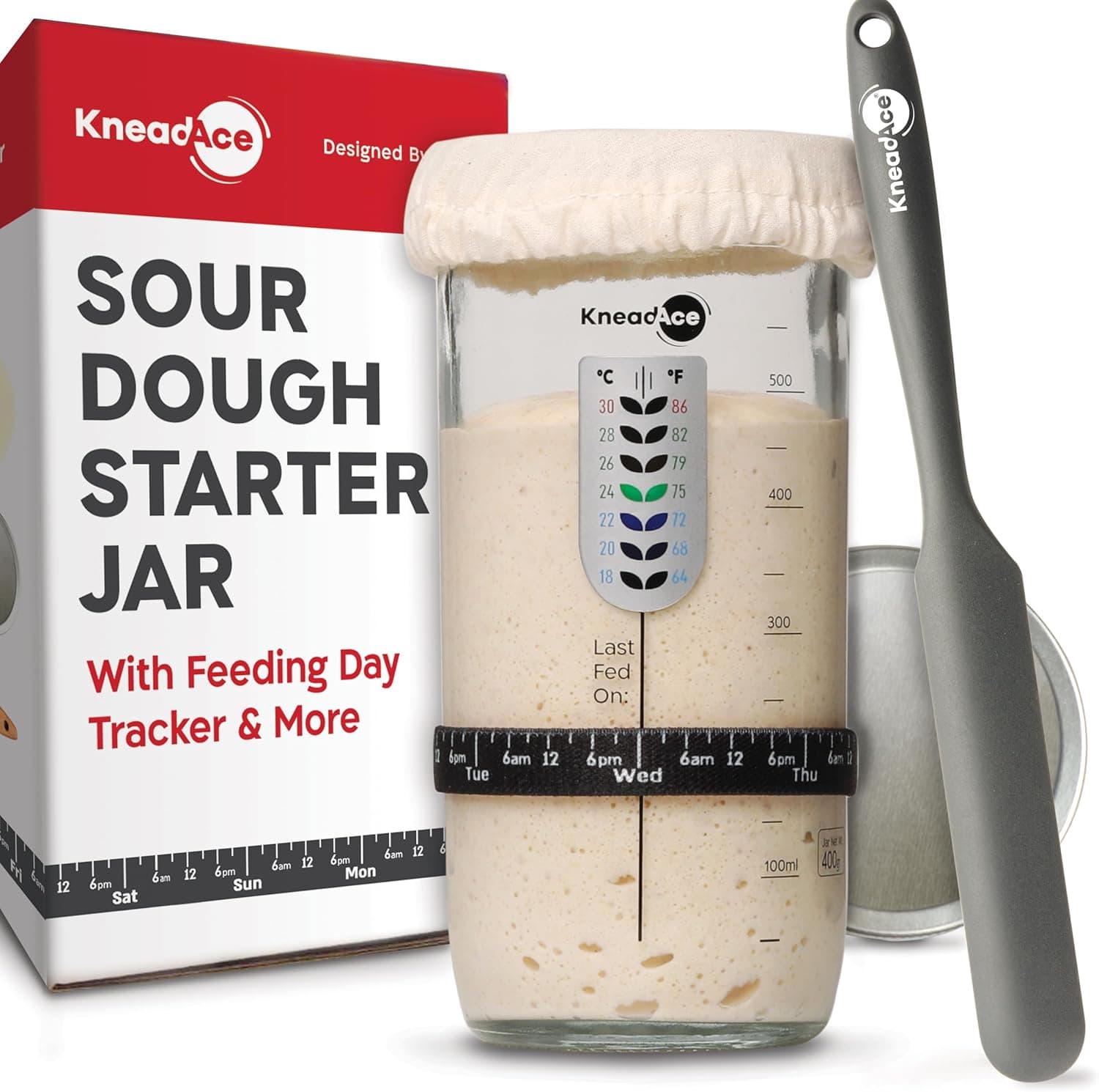 KNEADACE Sourdough Starter Jar With Date Marked Feeding Band, Thermometer, Jar Scraper, Container Sewn Cloth Cover and Metal Lid