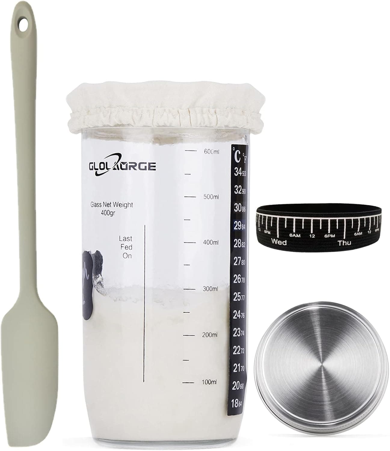 Glolaurge Sourdough Starter Jar, Kit with Thermometer, Labels, Spatula, Cloth Cover and Stainless Steel Lid, 24 Oz Wide Mouth