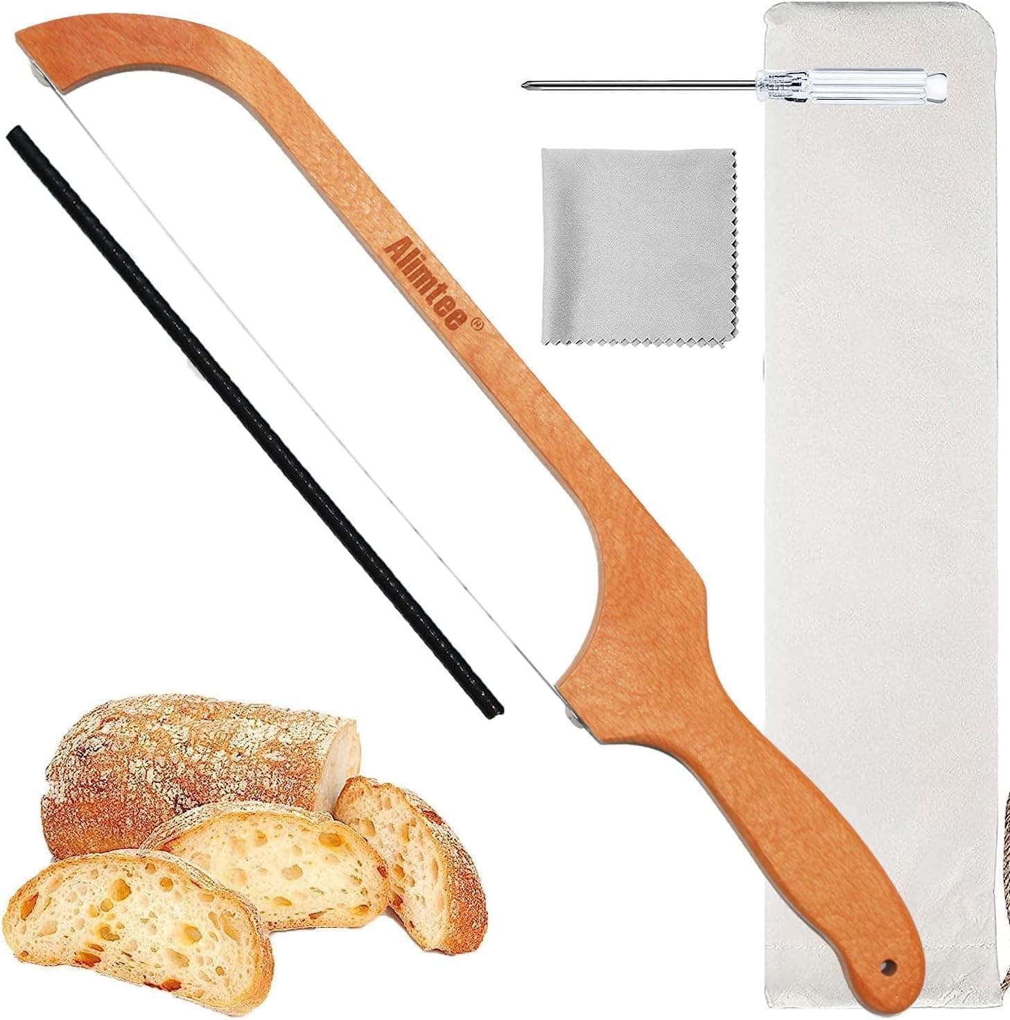 Alimtee Bread Knife, 16 inch Wooden Serrated Bagel Knife, Fiddle Bow Design, Premium Stainless Steel