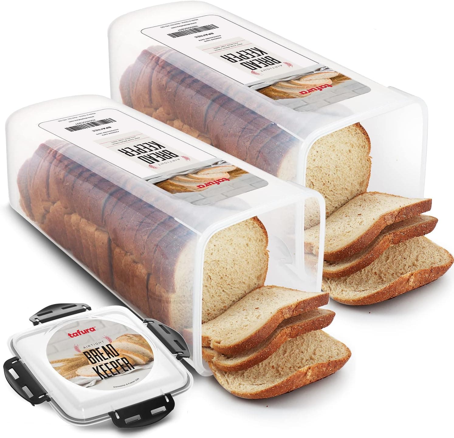 Tafura Bread Container, 2 Pack 5 Liter BPA Free Plastic Bread Box for Homemade Loaves with Black Airtight Lid