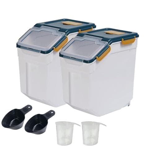 Qiveno 2 Pack Large Flour Storage Container 25 lb, Airtight Food Storage Bins with Wheels & Locking Lid, BPA Free Rice Grain Organizer with Measuring Cup, Flour Bin for Kitchen Pantry (Blue)