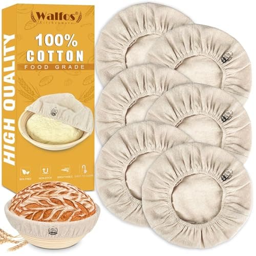 WALFOS 6 Packs Bread Basket Liner Cloth, 9 inch round bread proofing basket cloth liner, Baking Dough Basket Cover Natural Rattan Banneton Proofing Cloth