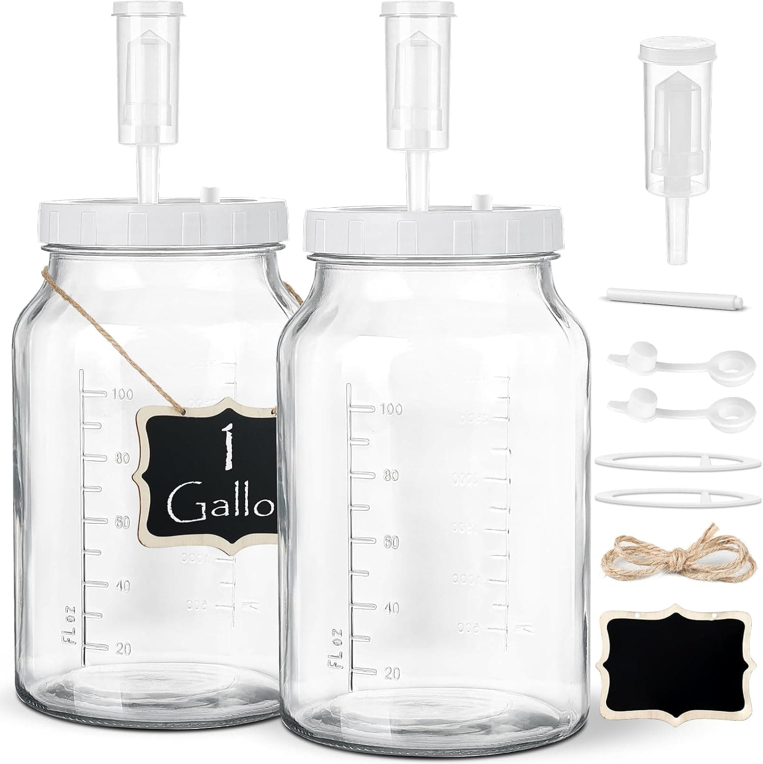 2 Pack 1 Gallon Large Fermentation Jars with 3 Airlocks and 2 Screw Lids, Wide Mouth Glass Jars with Scale Mark