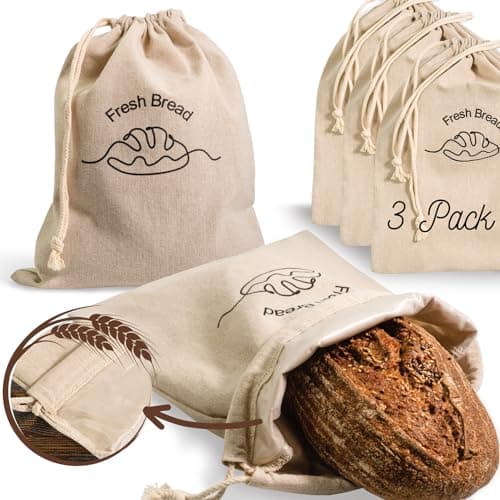 3-Pack Linen Bread Bags for Homemade Bread - Reusable Bread Storage Bags with Inner Lining - 12"x15" Sourdough Bread Bags - Eco-Friendly Baking Supplies & Gifts for Home Bakers by Simply H&K