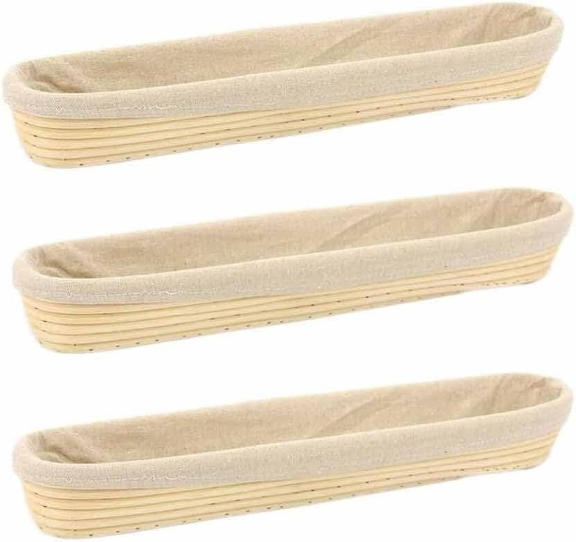 3 Pack Banneton Proofing Basket Set, Rattan for French Baguettes with Liner, 17 inch
