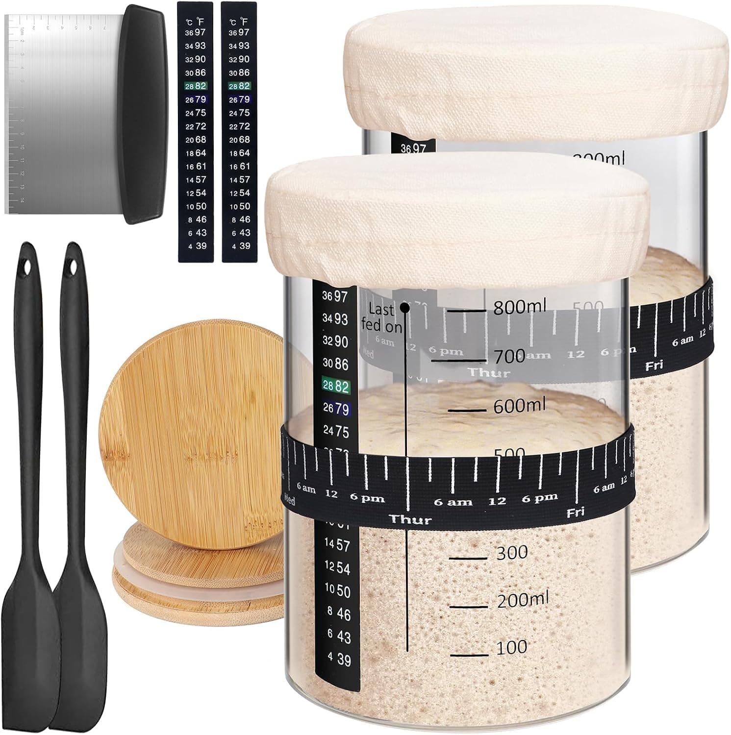 Kmise 2 Pack Pro Sourdough Starter Jar, 34 Oz Large Capacity DIY Glass Kit With Thermometer, Date Marked Feeding Band, Cloth Cover, Spatula and Cutter