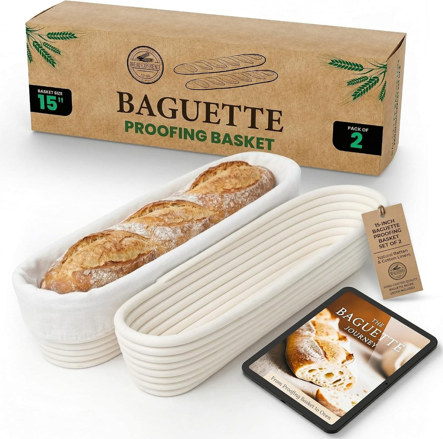 15 Inch Baguette Proofing Basket Set of 2 with Cotton Liners, Handcrafted Rattan Banneton