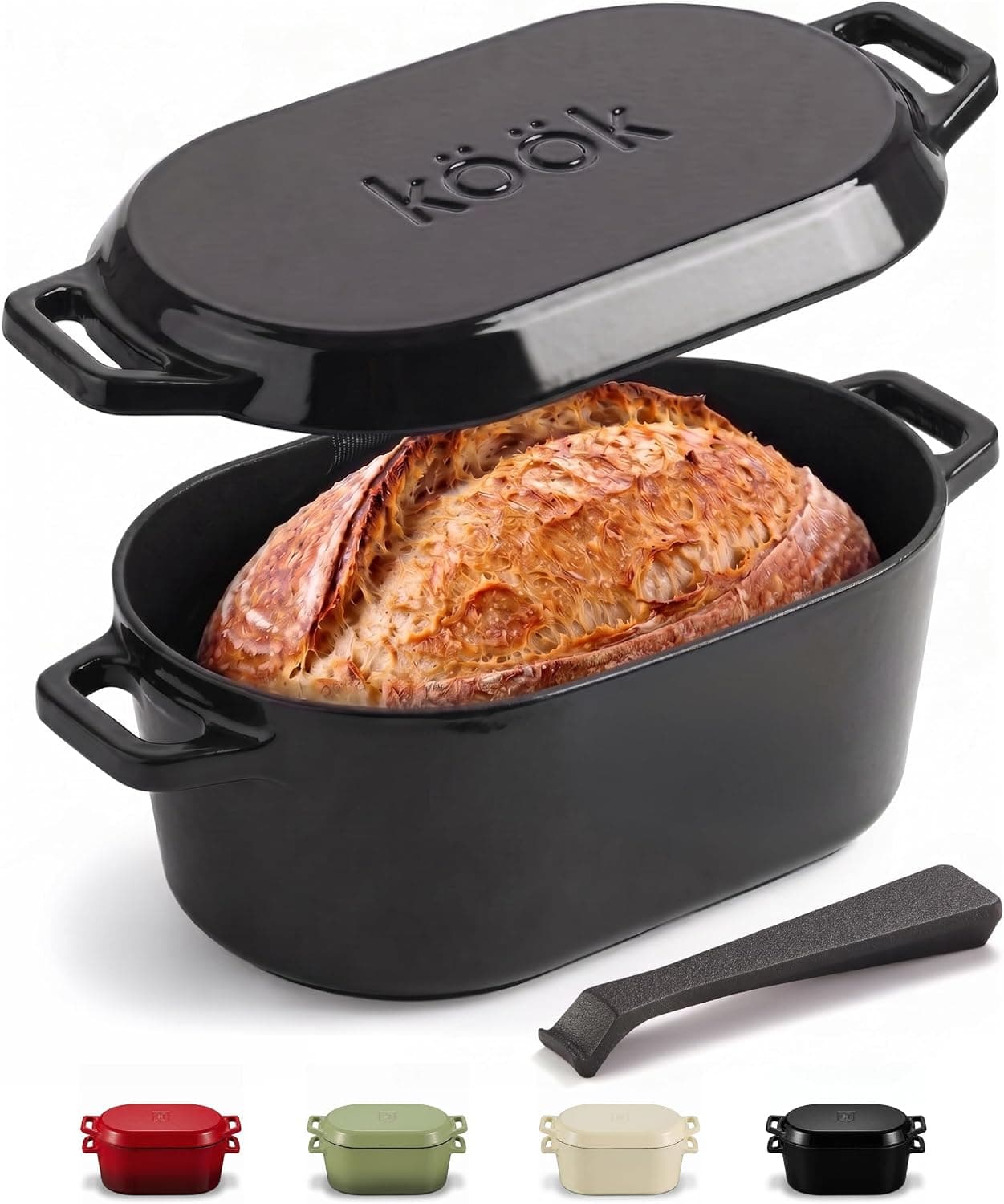 KooK Oval Dutch Oven, for Bread Baking, Sourdough Loaf Pan, with Lid, Dual Handles, Enameled Cast Iron, includes Lid Lever, Dishwasher Safe, 3.4 Qt, Black