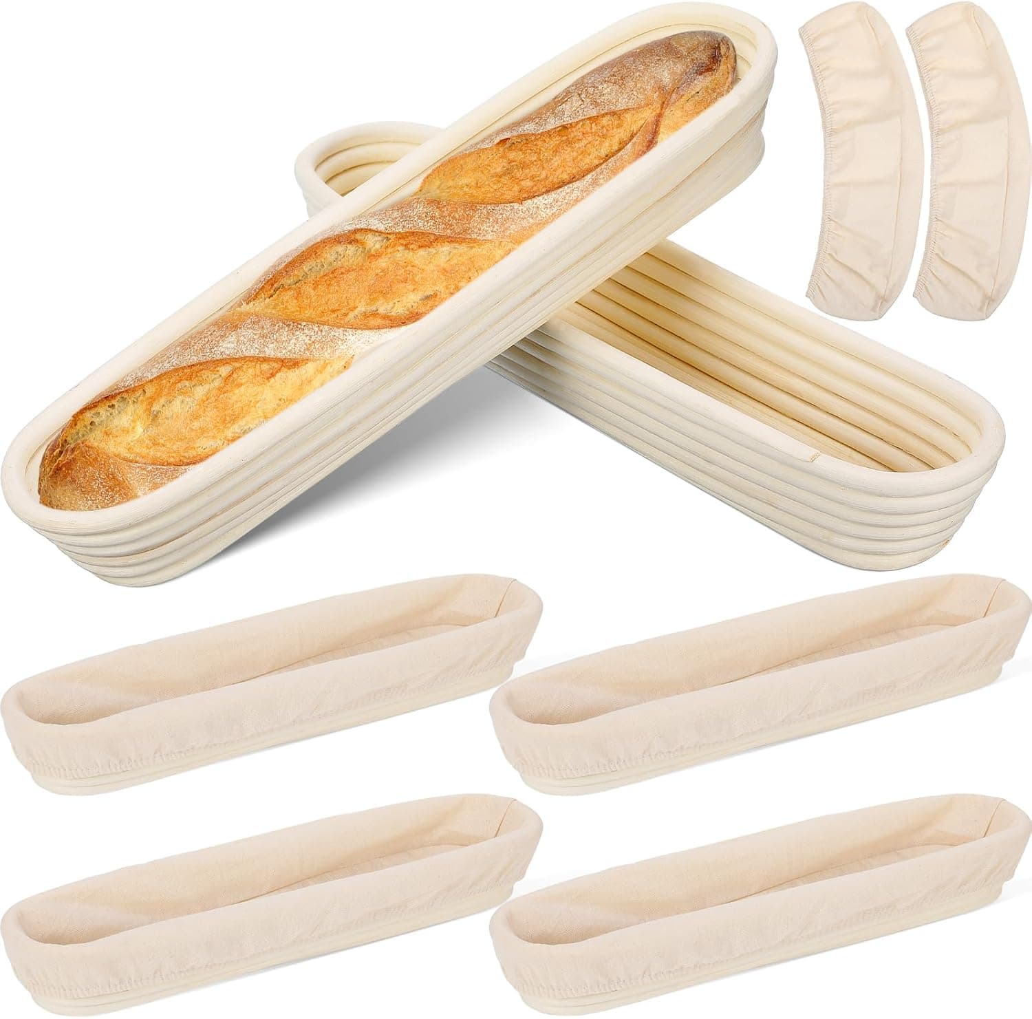 Vesici 15 inch Baguette Banneton Proofing Basket 6 Pack with Linen Liner