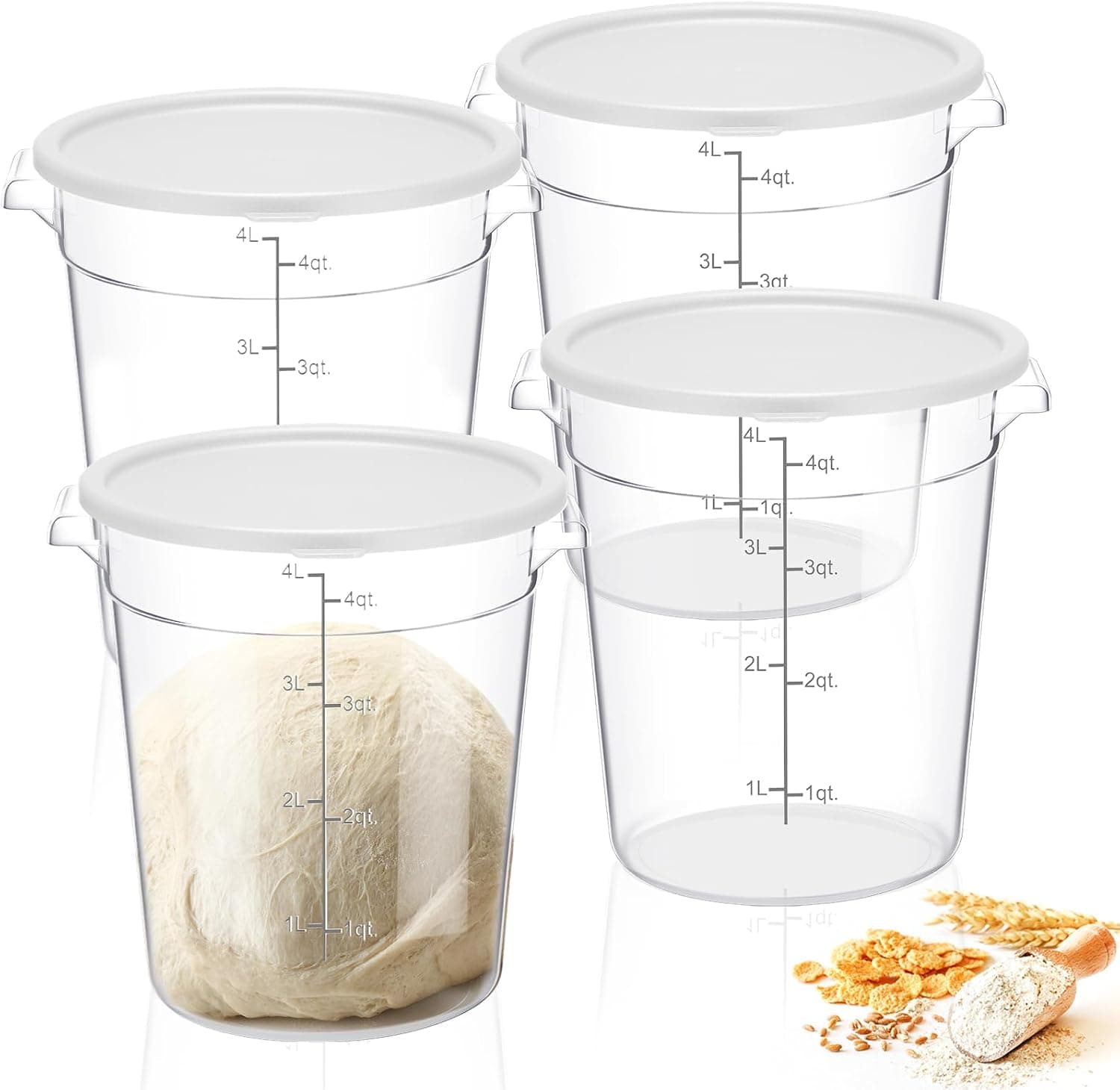 Suclain 4 Pcs 4 Qt Food Storage Container Bucket with Lids, Clear Proofing Containers for Dough Rise with Scale Handle