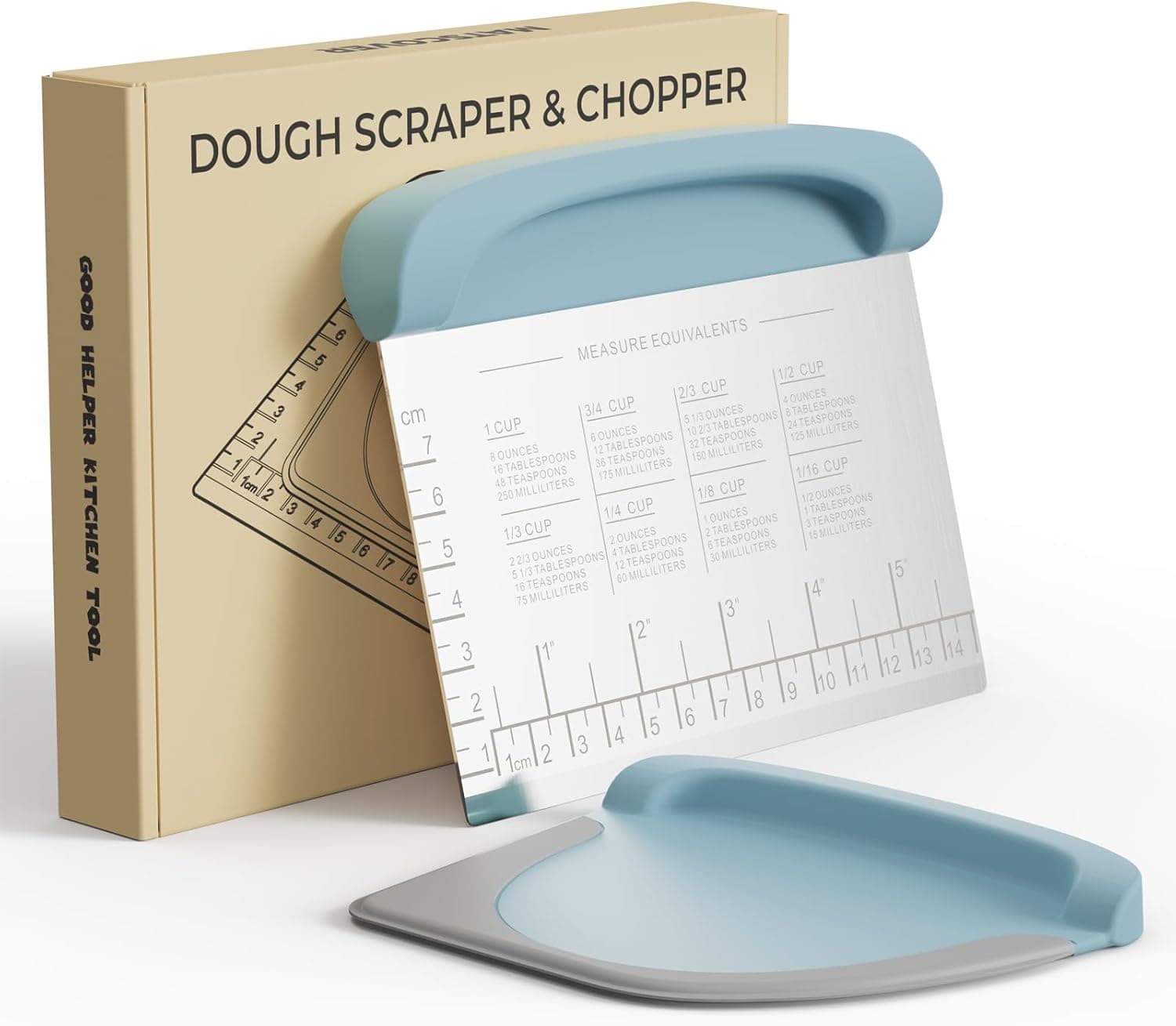Bench Scraper Dough Cutter Tool, Stainless Steel with Grip Handles & Measuring Scale, Blue
