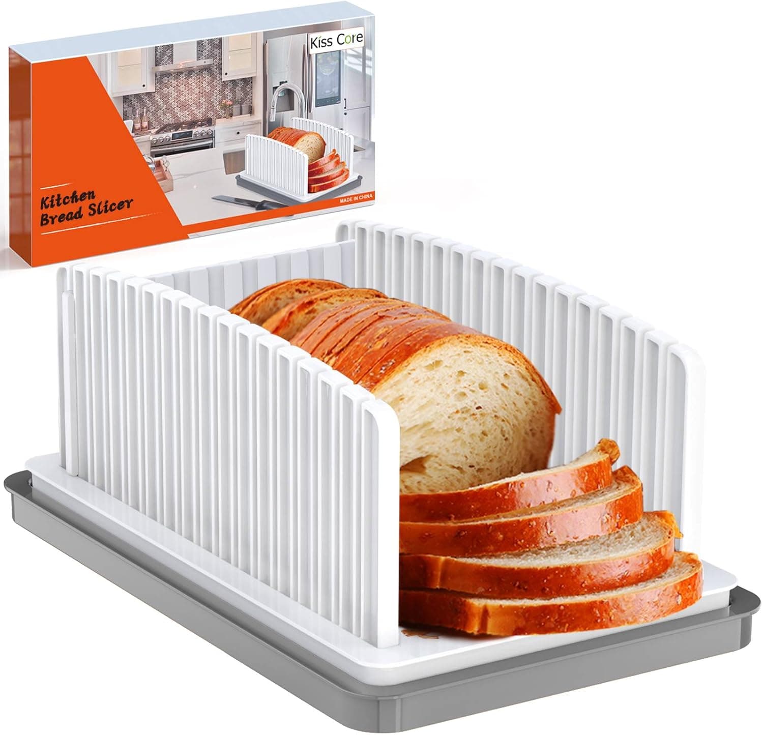 Kiss Core Bread Slicer for Homemade Bread with Adjustable Width, Foldable Cutting Guide with Crumb Tray