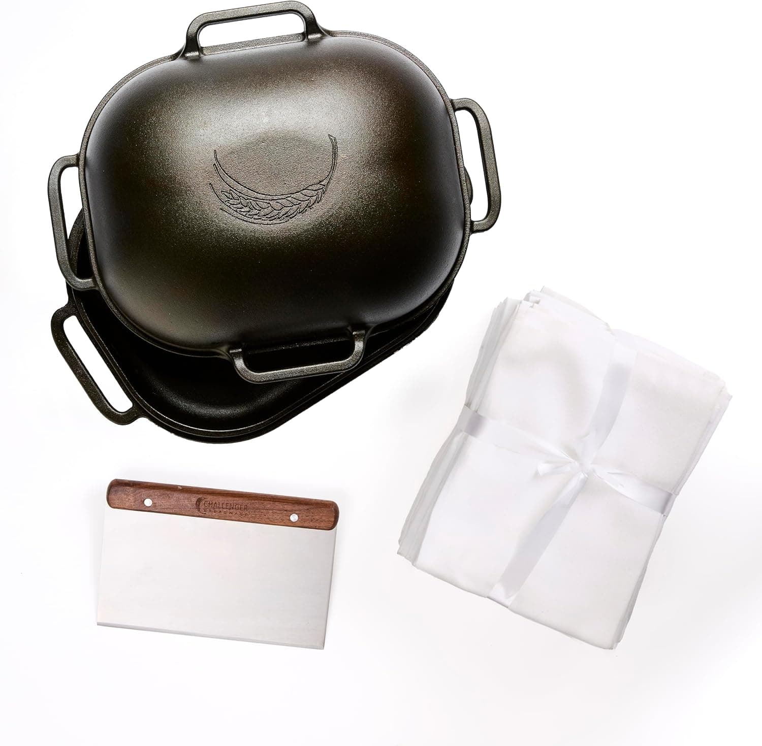 Challenger Bread Pan Cast Iron Loaf Pan with Lid and Baking Bundle, Walnut Bench Knife and Flour Sack Towels