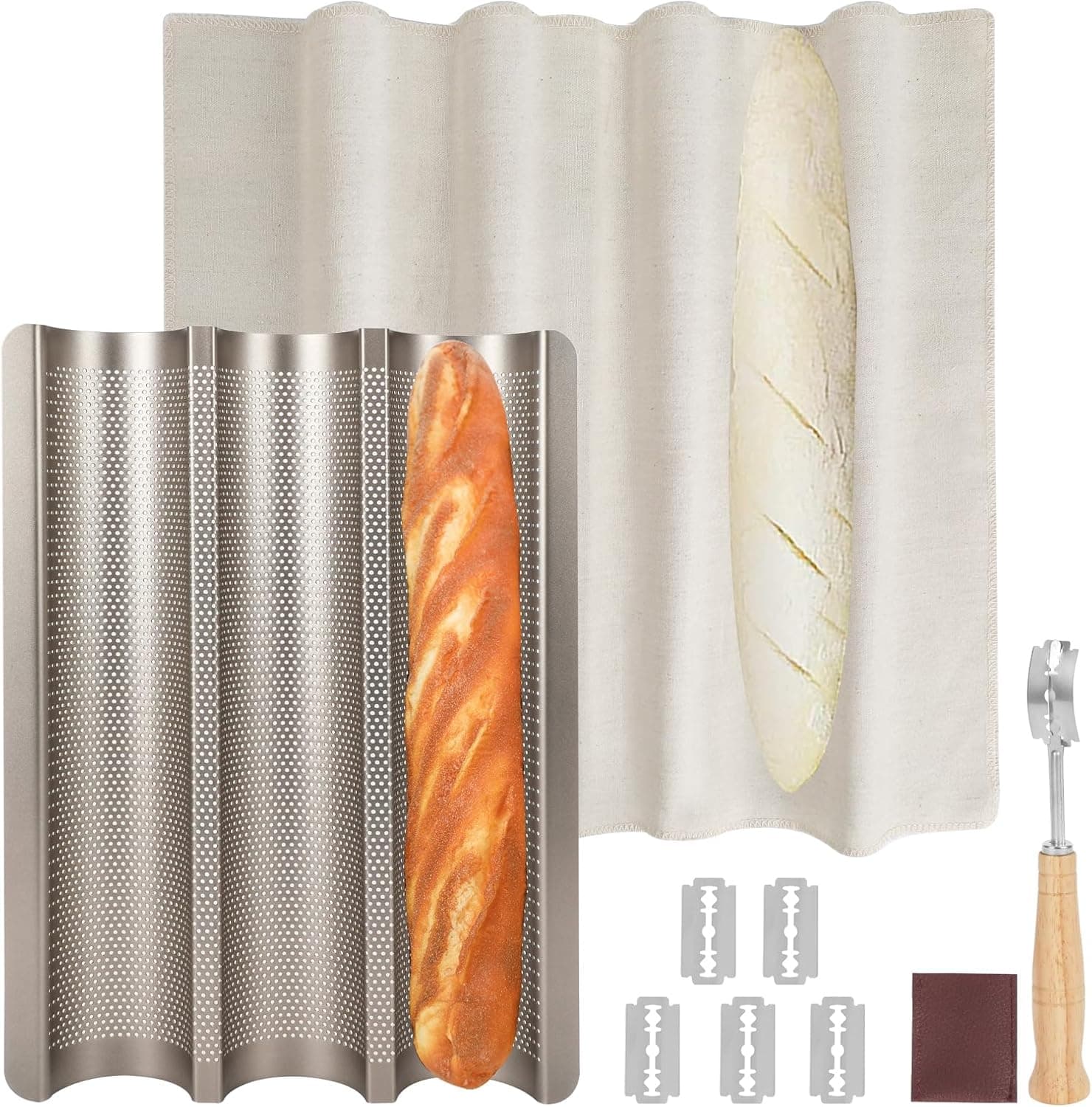 Barlket Baguette Bread Pan, Perforated French Bread Pan, Nonstick Bread Pans for Baking, with Baguette Kit, Includes Proofing Cloth and Dough Cutter, 15x11 Inch Gold, 3 Loaf